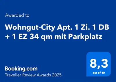 Ein Zertifikat, Auszeichnung, Logo oder anderes Dokument, das in der Unterkunft Wohngut-City Apt. 1 Zi. 1 DB + 1 EZ 34 qm mit Parkplatz ausgestellt ist