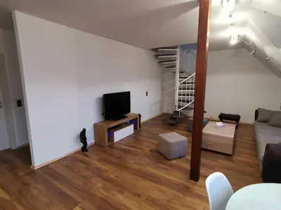 TV/Unterhaltungsangebot in der Unterkunft Helle Maisonnette Wohnung Penthouse