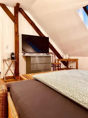 TV/Unterhaltungsangebot in der Unterkunft b e d & a g e d e s i g n -medium- wunderschönes Zimmer mit Bad - Rechnungserstellung für Geschäftsreisende & Firmen
