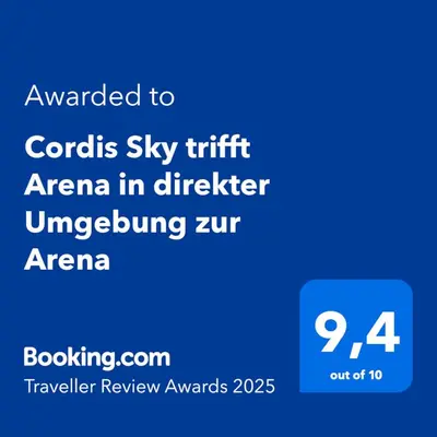 Ein Zertifikat, Auszeichnung, Logo oder anderes Dokument, das in der Unterkunft Arena trifft Domizil by CordisSky in direkter Umgebung zur Arena ausgestellt ist