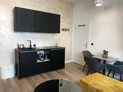 Küche/Küchenzeile in der Unterkunft Aura Apartment und Spa Oberhausen