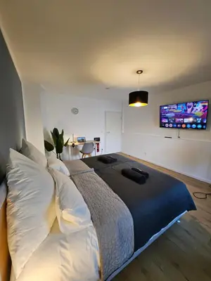 TV/Unterhaltungsangebot in der Unterkunft Modern Homes - Voll ausgestatte Wohnung - Balkon - Hotelbetten - 4K TV - WLAN