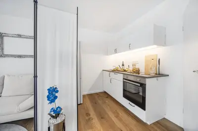 Küche/Küchenzeile in der Unterkunft Excellence Deluxe Suite mit Balkon & Stadtblick - zentral an der Messe Essen