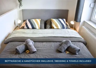 Ein Bett oder Betten in einem Zimmer der Unterkunft RtR Apartment Herne - Für bis zu 2 Personen - Voll ausgestattet - Zentrum - Smart TV - WIFI - Modern
