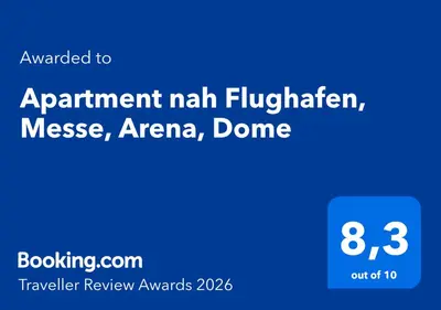 Ein Zertifikat, Auszeichnung, Logo oder anderes Dokument, das in der Unterkunft Apartment nah Flughafen, Messe, Arena, Dome ausgestellt ist