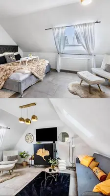 Ein Bett oder Betten in einem Zimmer der Unterkunft Moderne schicke Dachgeschosswohnung 15 min bis Düsseldorf