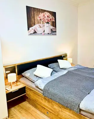 Ein Bett oder Betten in einem Zimmer der Unterkunft MOLA Apartments-Stilvolle Altstadtwohnung- Seilersee-5 Personen-Terrasse-Grill-Gratis WLAN