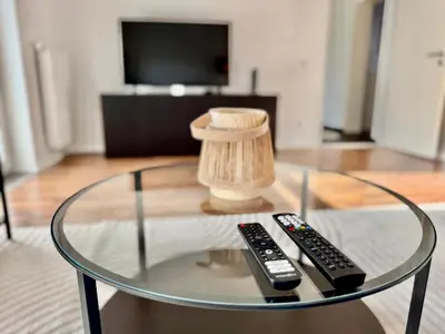 TV/Unterhaltungsangebot in der Unterkunft FeWo Palmtrees 2 - Große und moderne 2 Zimmerwohnung mit französischem Balkon in Gladbeck-Mitte nähe Movie Park und Veltins Arena