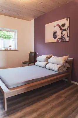 Ein Bett oder Betten in einem Zimmer der Unterkunft Ferienwohnung Sternenzelt Alpakas - Natur & Tiere hautnah erleben