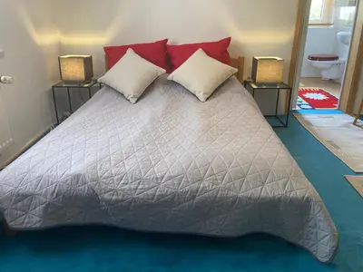 Ein Bett oder Betten in einem Zimmer der Unterkunft Ruhiges ganzes Apartment Self Check-in 45 m zwei Zimmer Groses Bad Badewanne Kochnische