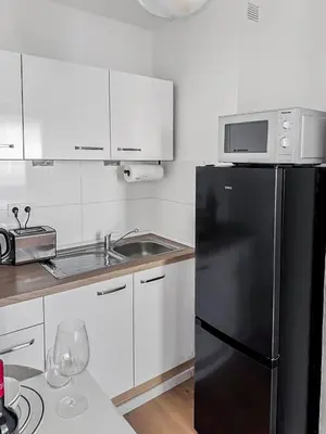 Küche/Küchenzeile in der Unterkunft Chic City Apartment, 1BR for 2, Elegant Comfort, City Center