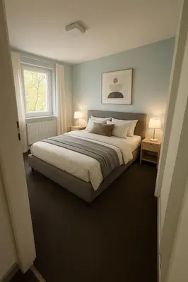 Ein Bett oder Betten in einem Zimmer der Unterkunft Polsumer Residence Moderne Unterkunft für Monteure & Familien nahe Veltins-Arena, Movie Park, Nordsternpark, Amphitheater & Autobahnen A2 & A42 mit Balkon