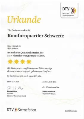 Ein Zertifikat, Auszeichnung, Logo oder anderes Dokument, das in der Unterkunft Komfortquartier Schwerte ausgestellt ist