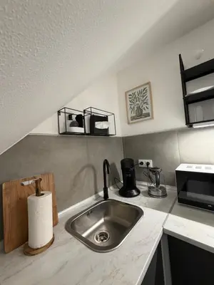 Küche/Küchenzeile in der Unterkunft Modernes Apartment mit Smart-TV & WLAN nahe Messe