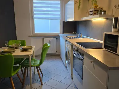 Küche/Küchenzeile in der Unterkunft Rhein Living Apartment - Balkon und Rheinpromenade