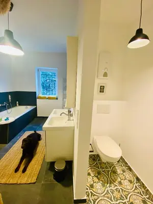 Ein Badezimmer in der Unterkunft Get-your-flat Traumhafte Altbau-Wohnung in Denkmal-Villa 3 Zr Kü Bad 2 Schlafzr 125 m2 Haustier auf Anfrage - ruhig & naturnah