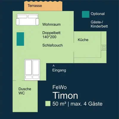 Grundriss der Unterkunft FeWo TIMON großzügig modern mit Terrasse ca 50 qm