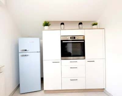 Küche/Küchenzeile in der Unterkunft 2,5-Zimmer inkl Arbeitsplatz, WLAN & free Netflix, Amazon-Free Parken vollausgestattete Wohnung, 24h Check In
