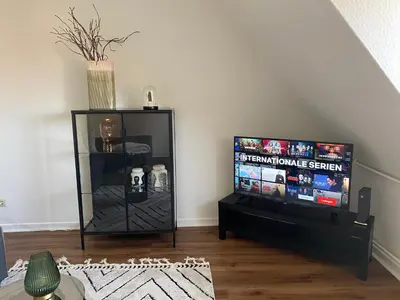 TV/Unterhaltungsangebot in der Unterkunft Apartment 1 - Modernes Dachgeschoss-Studio in Duisburg Meiderich, 4,7 km Hbf, U-Bahn 250m, Flughafen Düsseldorf 28 km, Landschaftspark 2,9 km
